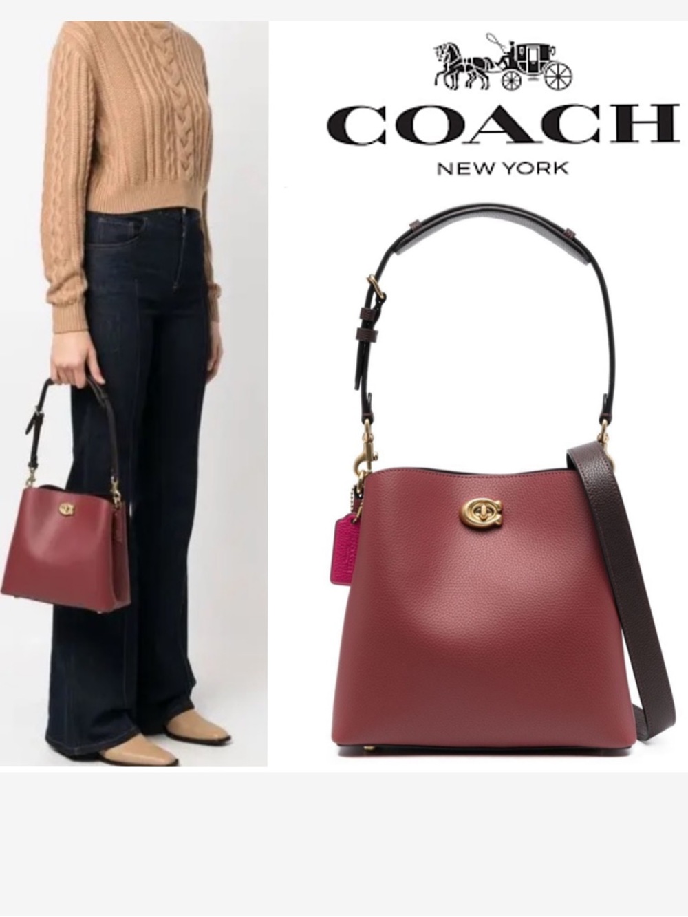 NWOT Coach Willow Bucket Bag, Burgundy and Fuchsia Color-Blocked